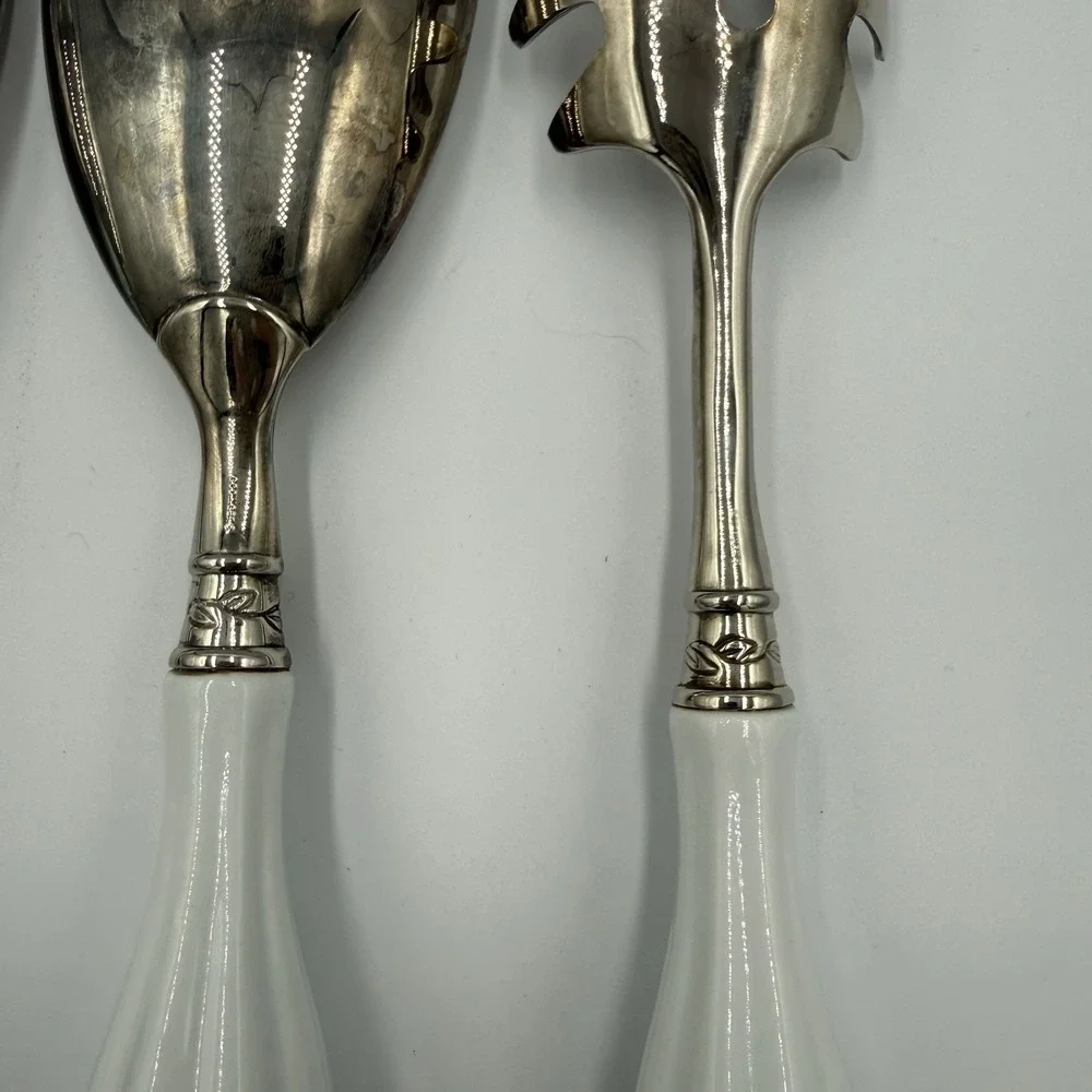 Three‎ Piece Elegant Godinger Silver Plate Serving Set White Porcelain Handle